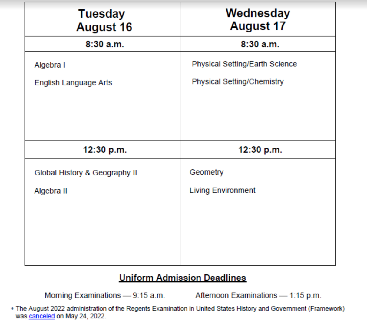 August 2025 Regents Schedule