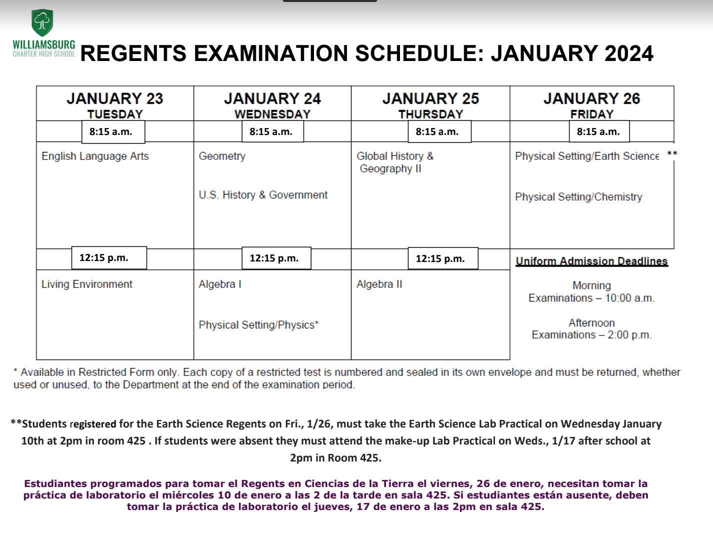 Regents Schedule WCHS