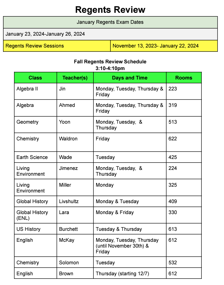 Regents Schedule WCHS